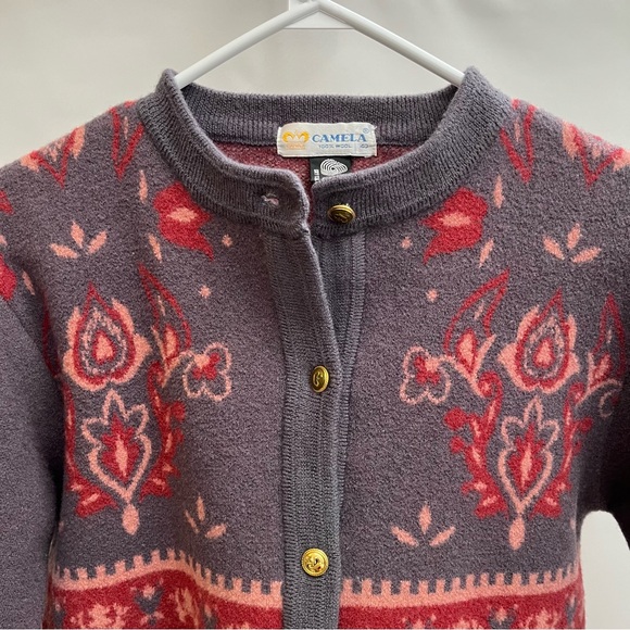 Camela Button Front Cardigan XL pink VTG 1970s Wool Woolmark Pattern Cropped - Picture 3 of 8